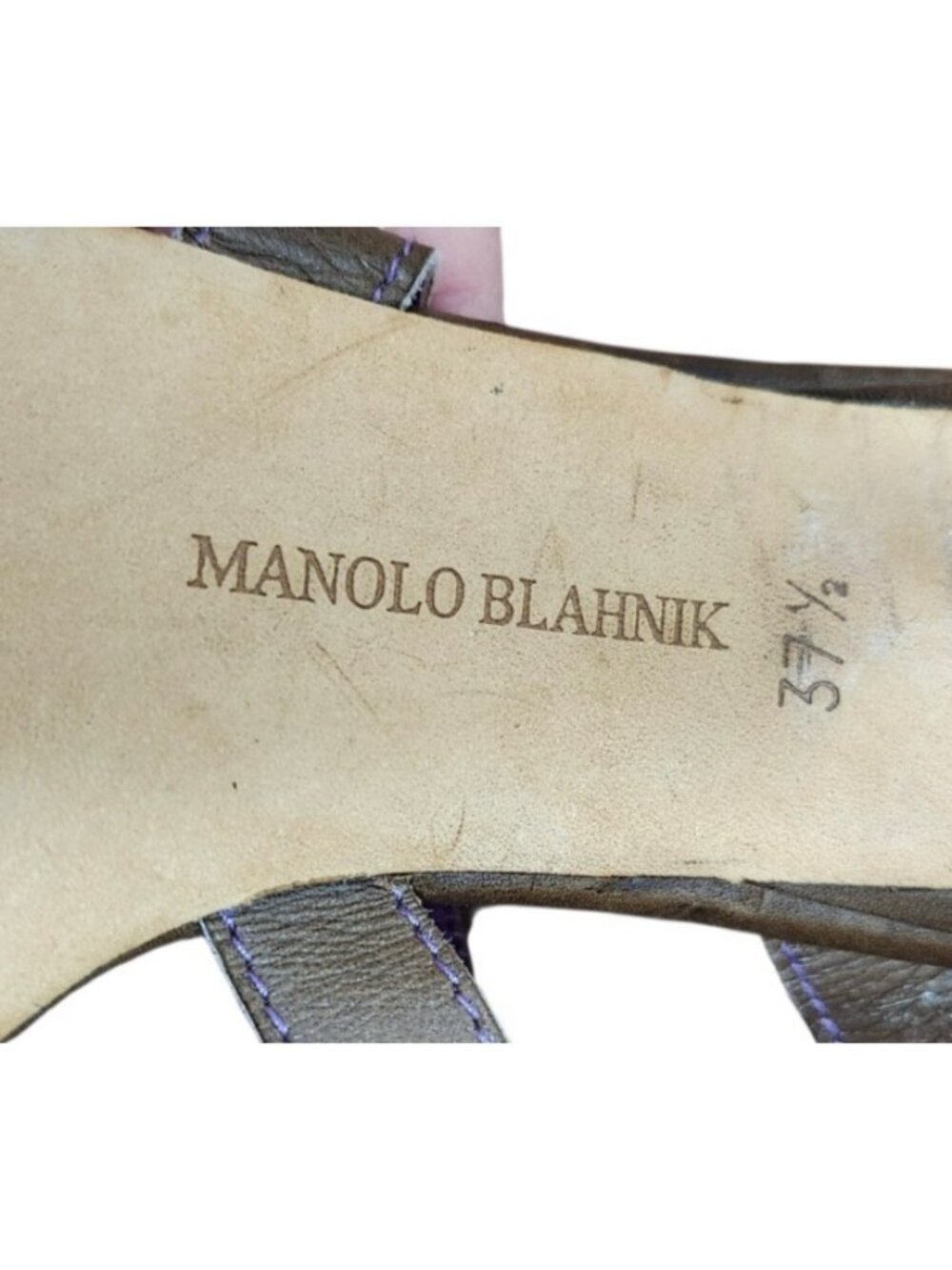 Manolo Blahnik Brown Leather Strappy Sandals Heels Purple Lining Italy EU 37.5 - Picture 11 of 14